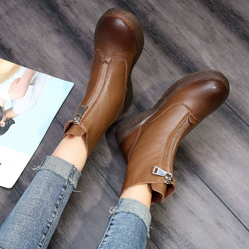 Осенне-зимние новые женские хлопковые ботинки из натуральной кожи, оригинальная обувь ручной работы, кожаные ботинки в стиле ретро на молнии, женские ботинки средней длины, Нескользящие Ботинки Martin