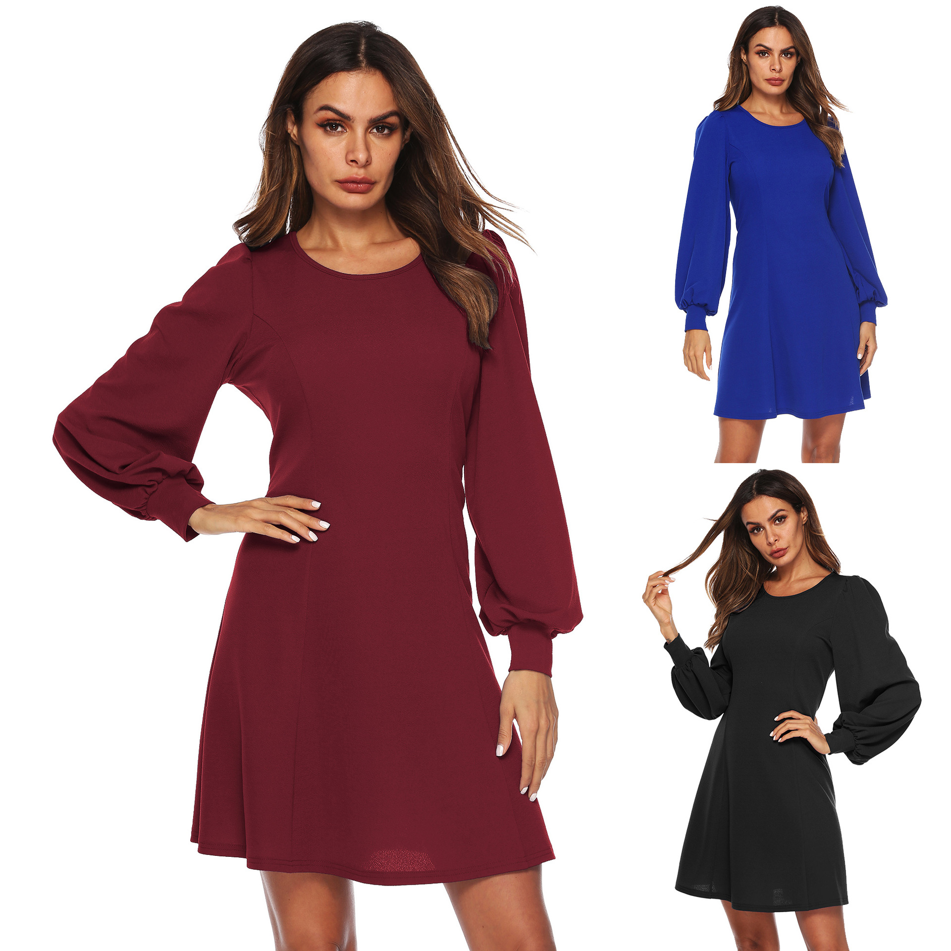 Womens A Line Dress Loose Lantern Sleeves Fashionable Minimalist Design Autumn Winter Style OEM Available