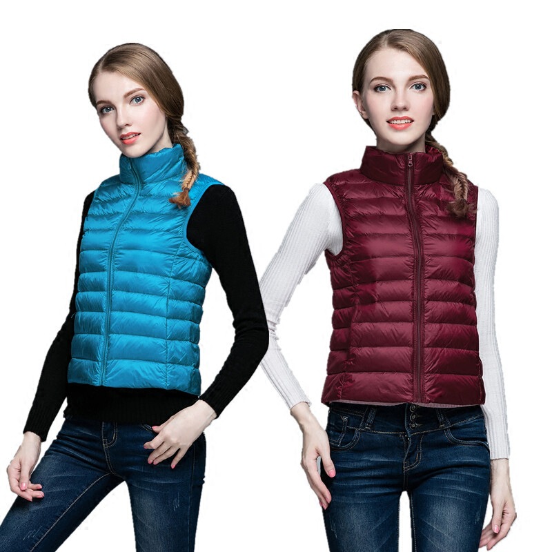Autumn and Winter Korean Style Slim Fit Portable Lightweight down Vest for Women with Stand Collar, Large Size, Warm Vest with 90% down