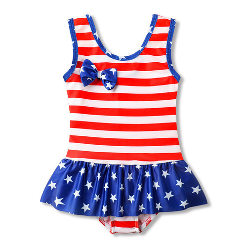 Children toddlers one-piece swimsuit girls children American flag striped ruffles swimming wear