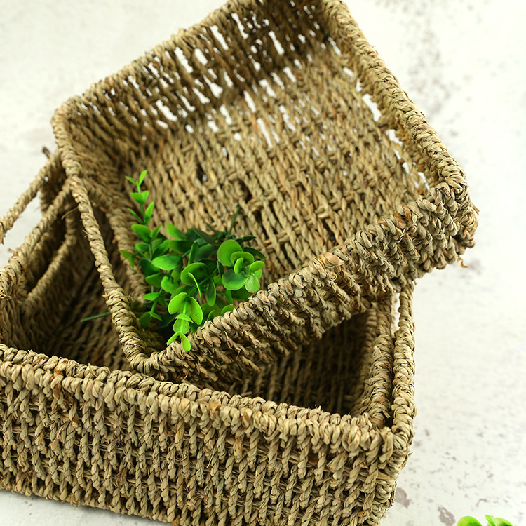 厂家直销 水草抽手 草编非藤编篮 正方形收纳篮 杂物篮 原色