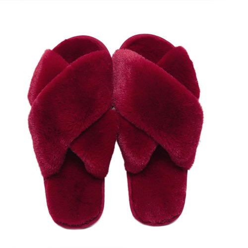 Cross furry slippers for women winter foreign trade Amazon large size indoor plush flat floor slippers open toe warm cotton slippers