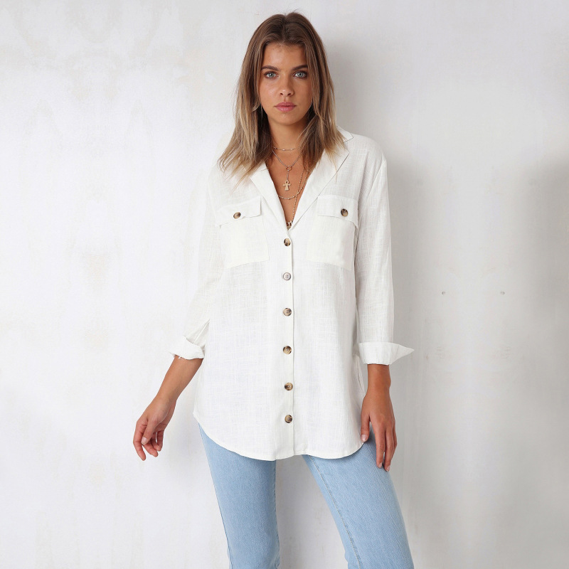 V-neck Button Long Sleeve Shirt Khaki