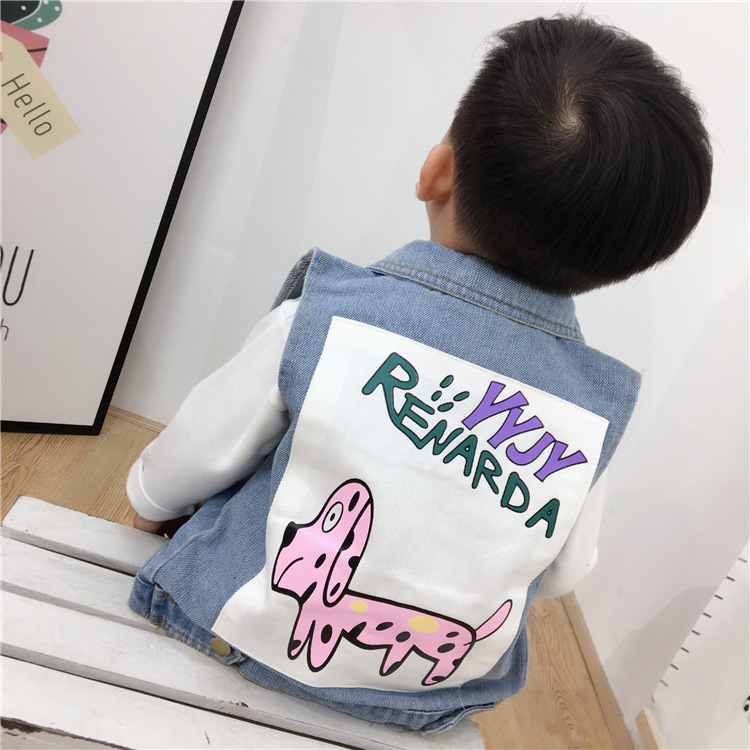 2019秋款韩版男女童宝宝卡通印花字母小狗纯棉牛仔背心马甲批发