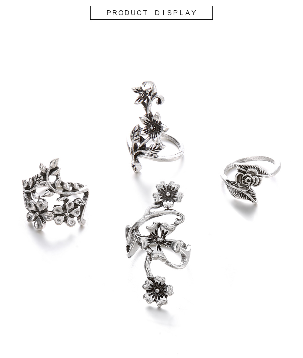 New Fashion Style Alloy Ancient Silver Hollow Flower Leaf Ring 4-piece Set display picture 6