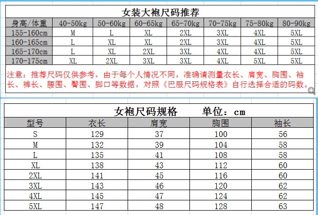 2 女装大袍尺码表