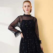 歐洲站2019春季新款蕾絲連衣裙時尚氣質紗網修身顯瘦兩件套女裝