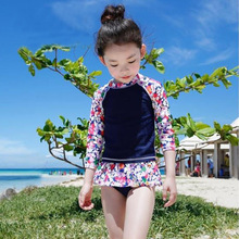 韩版新款女童泳装度假沙滩温泉中小儿童分体裙式长袖防晒游泳衣