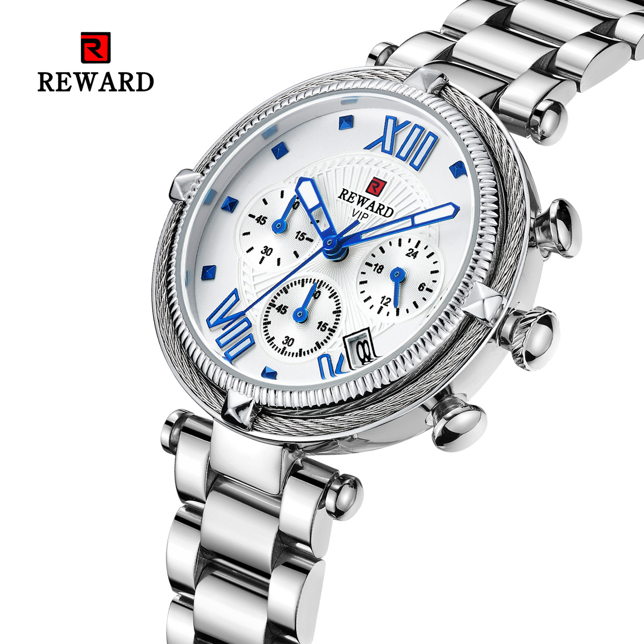 REWARD63084 Reloj para mujer Reloj de seis pines Reloj de cuarzo resistente al agua Reloj con banda de acero Reloj con calendario de moda para mujer_voghion.com