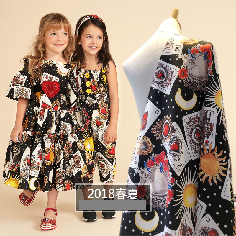 欧美大牌同款花型 D家亲子装 童装扑克牌图案数码印花时装面料