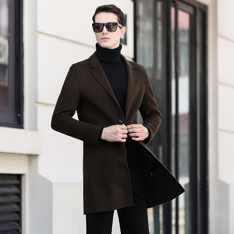 新款雙面呢男無羊絨冬季中長款修身反季妮子毛呢大衣男士格子外套