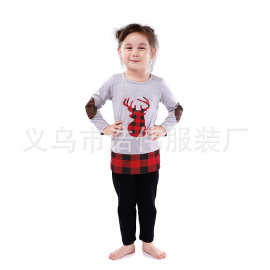 欧美圣诞节日款外贸潮范红黑格麋鹿烫画长袖长裤童套装 厂家直销