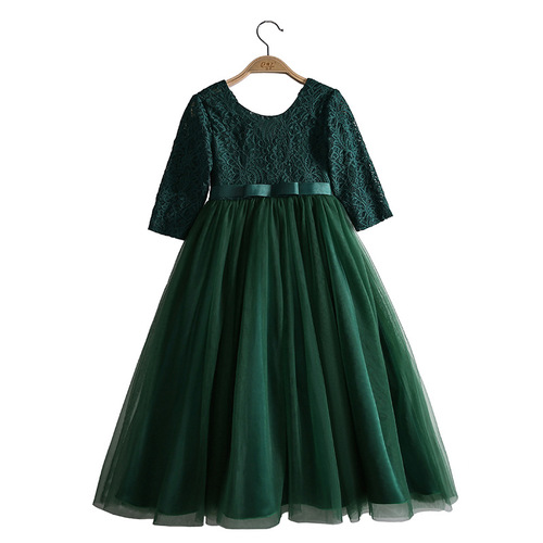 New Children's Formal Dresses Princess Skirts Big and Medium Children's Lace Wedding Dresses Long Puffy Skirts Long-sleeved Dresses 