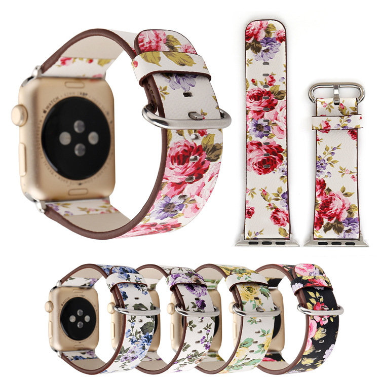 適用于蘋果手表apple watch真皮表帶 iwatch1/2/3小碎花工廠直銷