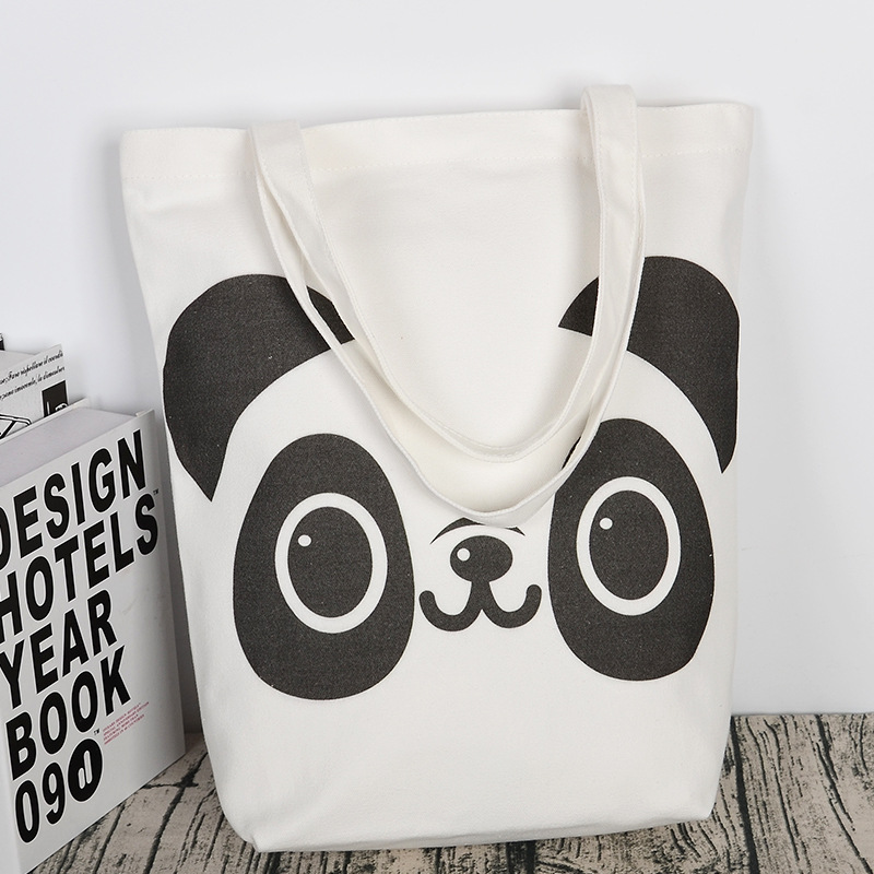 卡通熊猫头像帆布手提袋全棉学生单肩拉链购物袋手绘纯色手拎布袋