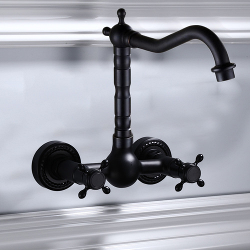 All-copper black European-style antique bathtub hot and cold faucet bathroom hardware wall-mounted balcony 360 rotating faucet