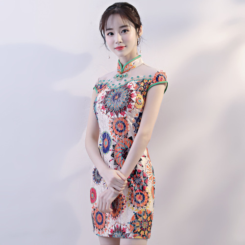 Chinese Dresses Qipao for women robe chinoise cheongsam Short sleeve standing collar retro bud cheongsam top dress