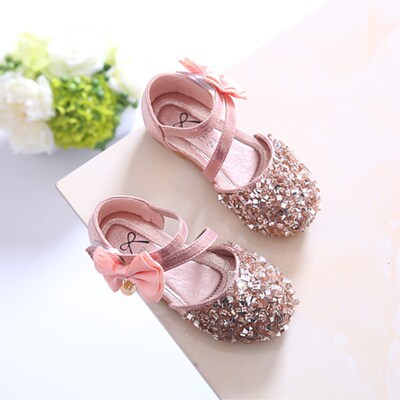 2021 spring and autumn new pattern Korean Edition girl bow Princess shoes Rhinestone soft sole Single shoes children Sequins Pearl leather shoes