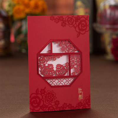 鸳鸯流苏打印邀请函 镂空中式纸请帖 结婚信封请柬