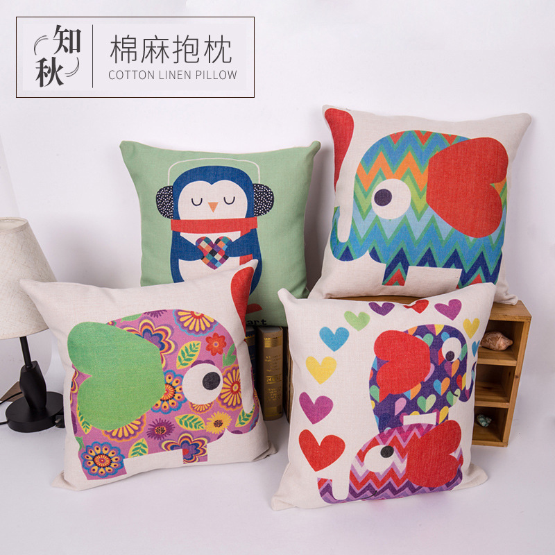 卡通简约棉麻抱枕套 数码印花创意护腰靠枕床头汽车靠背抱枕套批