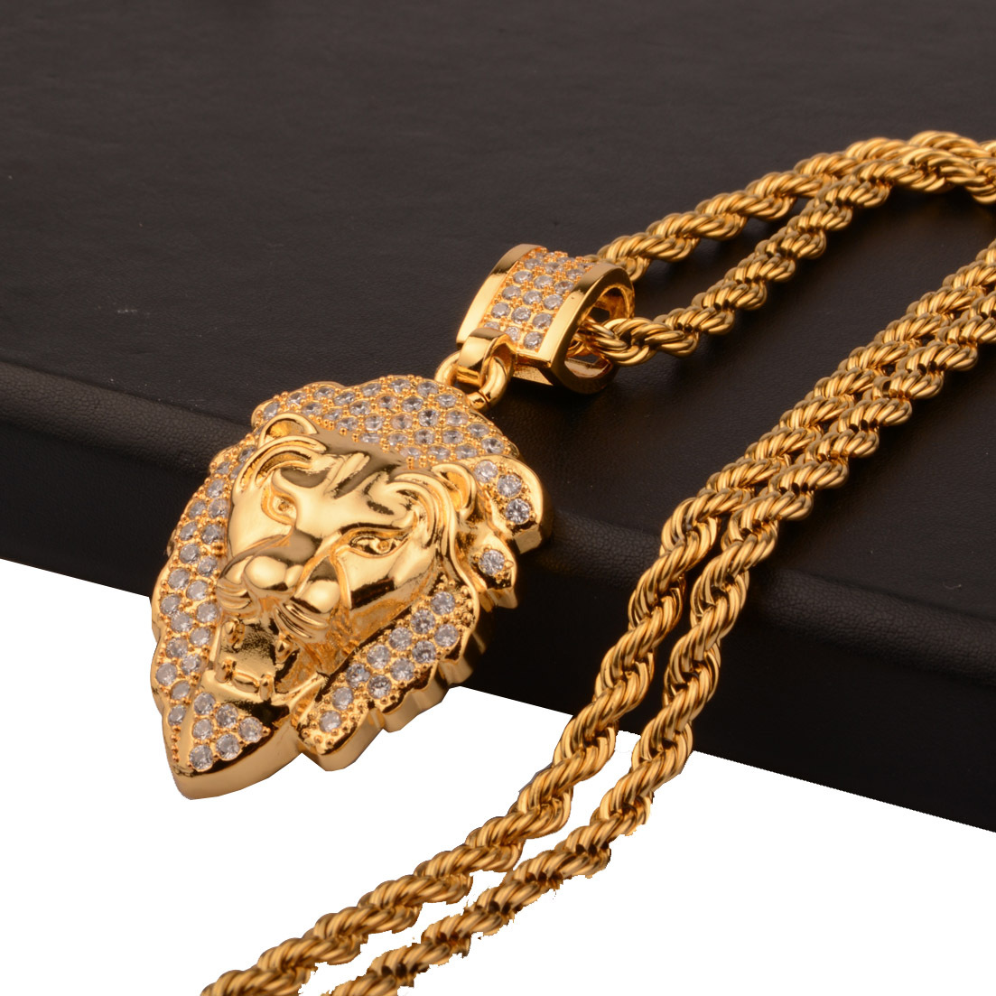 304 Stainless Steel, Brass Material Hip-Hop Lion 304 Stainless Steel Brass Polishing Inlay Men's Charms Pendant Necklace