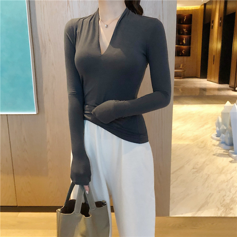 韓國2019春裝新款性感修身長袖打底衫女上衣顯瘦深V領百搭基礎款
