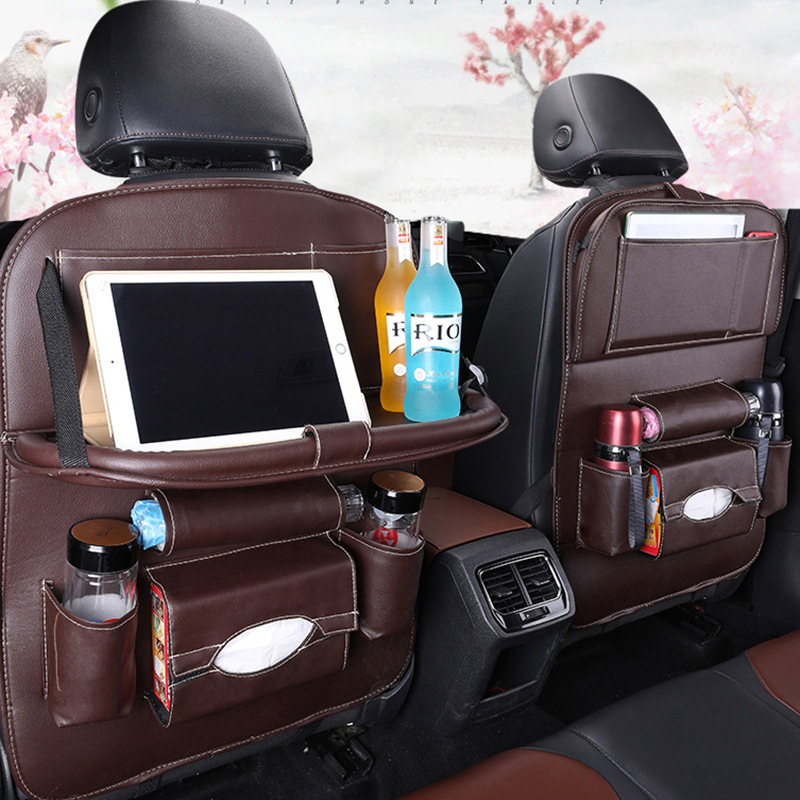 汽車背兜折疊餐桌收納盒車載用品 車內皮革置物袋 汽車椅背收納袋