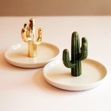 欧美风格潮品绿色金色仙人掌陶瓷首饰盘 戒指架托盘 桌面收纳摆件