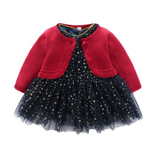 春秋童裝新款1-3歲女童長袖藍色星星禮服裙+紅色針織花邊開衫毛衣