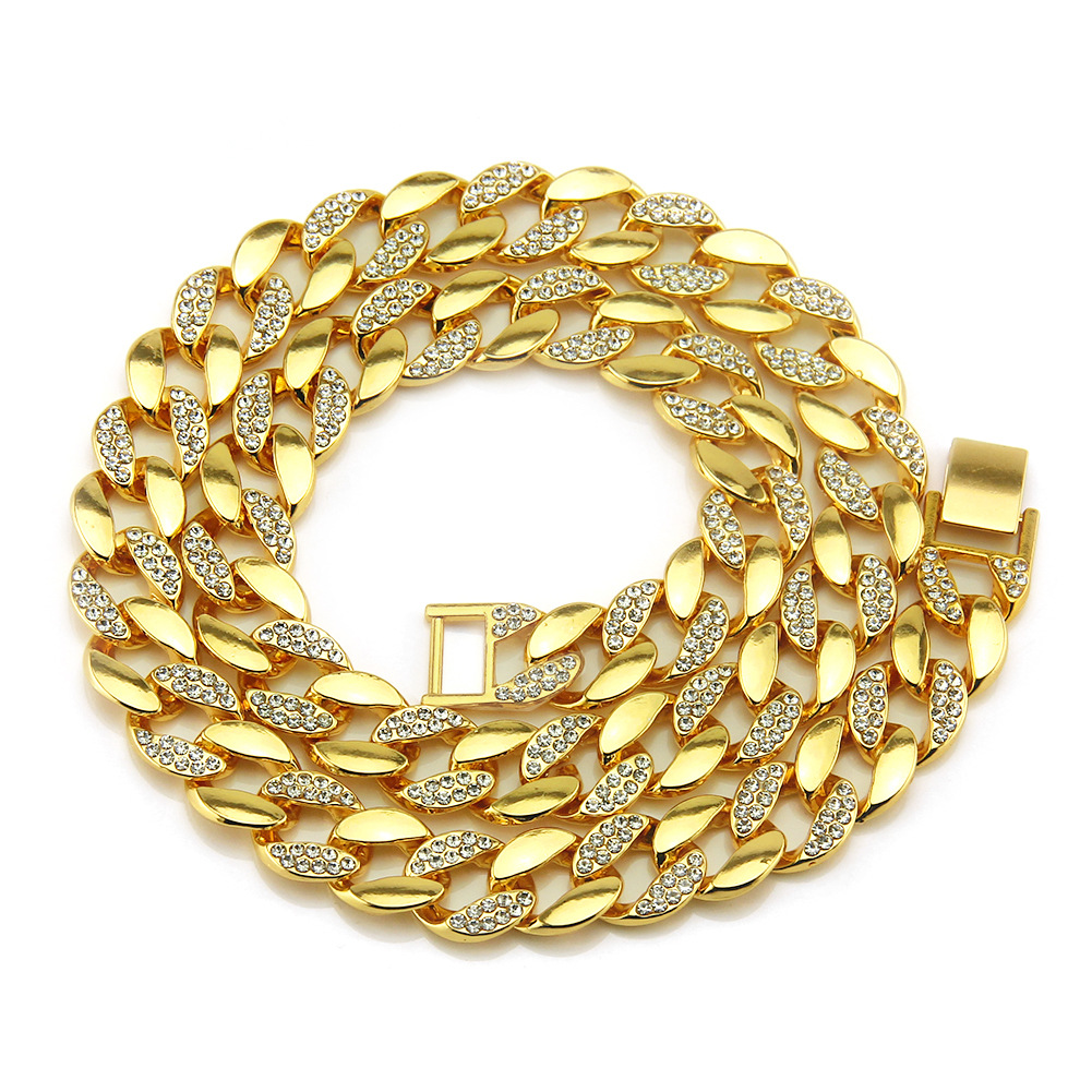hip-hop style 18K gold menu0027s diamond necklace 30-inch Cuban chain necklace and bracelet wholesal