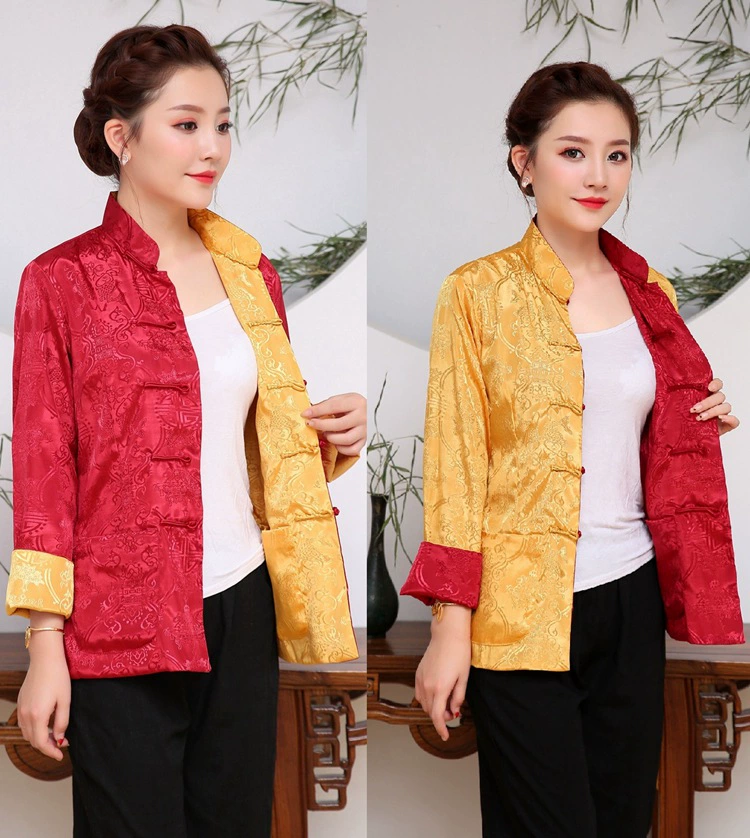 Двусторонний шелк и атлас Китайский Новый год весна и осень дамы пара праздничная фотография топ с длинными рукавами китайский костюм Тан этническая одежда