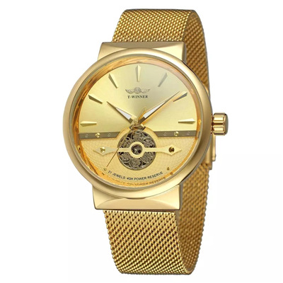Winner-162G hombres de negocios reloj mecánico automático casual correa de acero máquina transparente inferior reloj mecánico