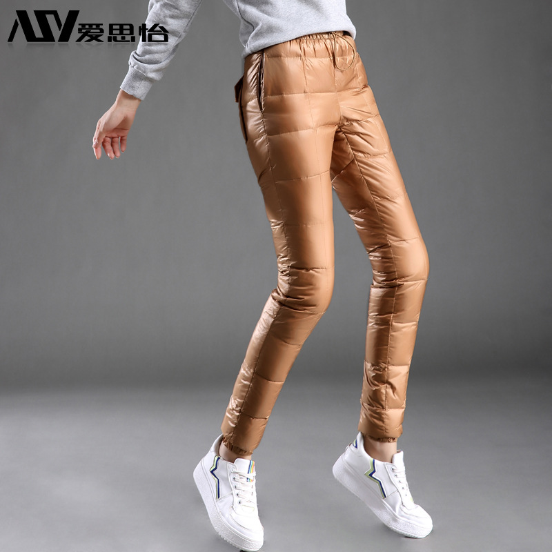 愛思怡冬季戶外羽絨褲女外穿高腰加厚大碼雙面保暖便攜白鴨絨女