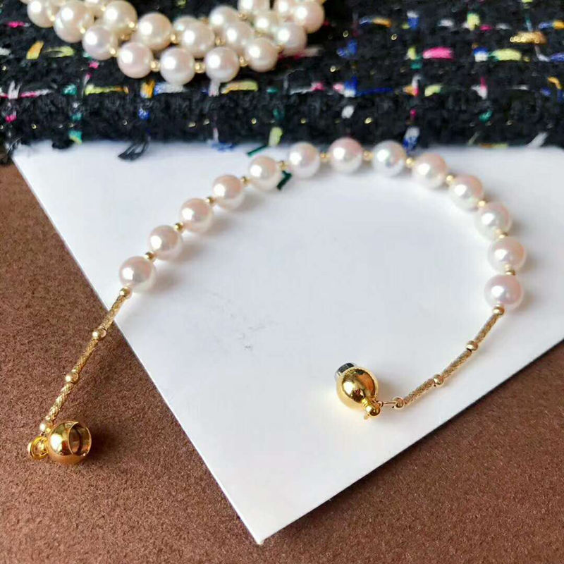18k金管+akoya樱花粉海水珍珠手链日本原装进口强力葫芦吸扣