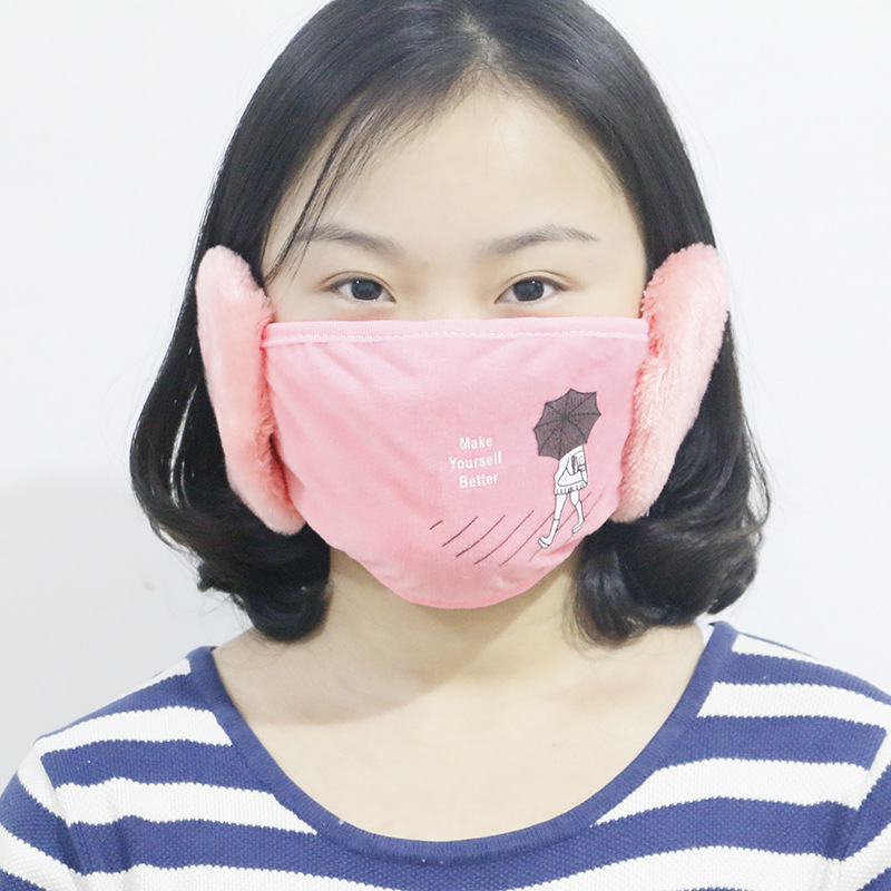 女士卡通雨傘毛絨保暖護耳口罩 成人冬季口罩耳罩耳套二合壹批發