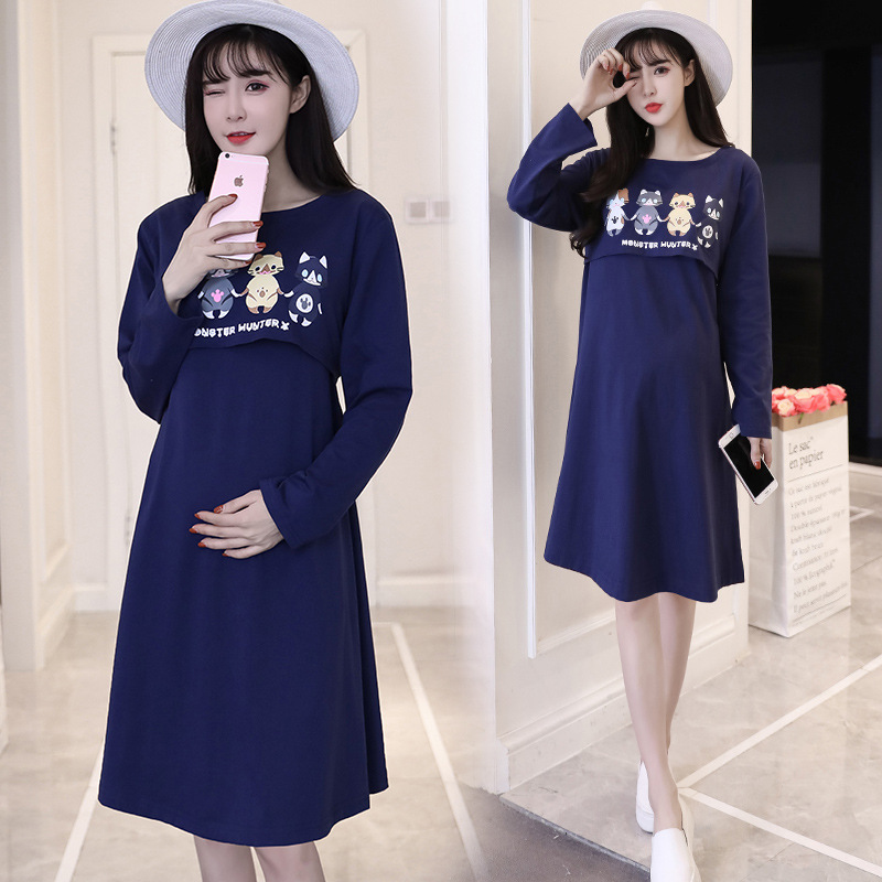 现货2018实拍春装新款韩版长袖中长款孕妇装连衣裙可哺乳200斤