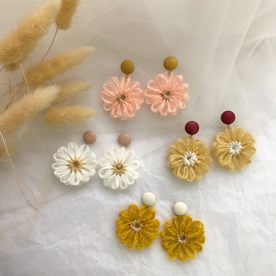 2019新款毛线耳环女个性编织花朵耳饰少女心甜美小花耳钉耳夹女|ru