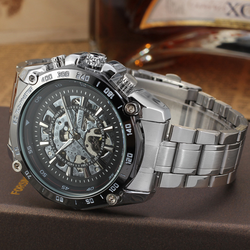 Venta caliente de los hombres de T-WINNER427 casual reloj mecánico automático hueco-fuera de la correa de acero inferior transparente reloj de negocios mecánico