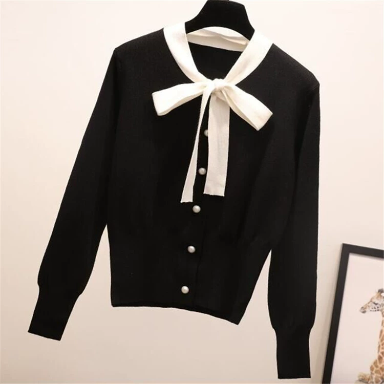 Autumn knitted cardigan with bow, short-length sweater jacket, high-waist, one size