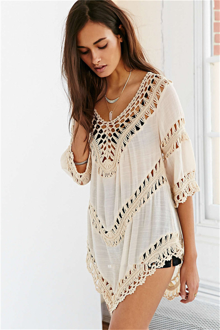 Bohemian Crochet Cover Up Sexy Bikini Set with Sheer Design Beachwear for Summer Wholesale Available