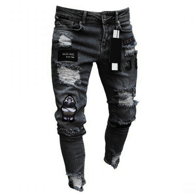 Foreign trade fast-selling European and American men's skinny jeans patch embroidered hole locomotive pants 8 undefined