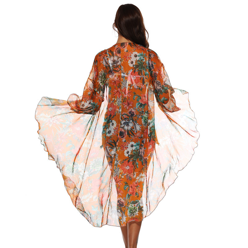 南美风系列跨境新款雪纺印花中长款开衫沙滩衣防晒衣比基尼外搭