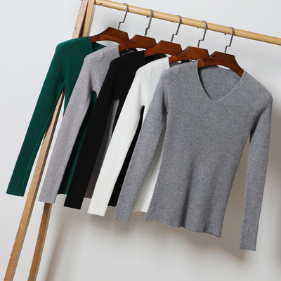 秋冬新款v领针织衫长袖修身短款打底毛衣女套头女装大码现货