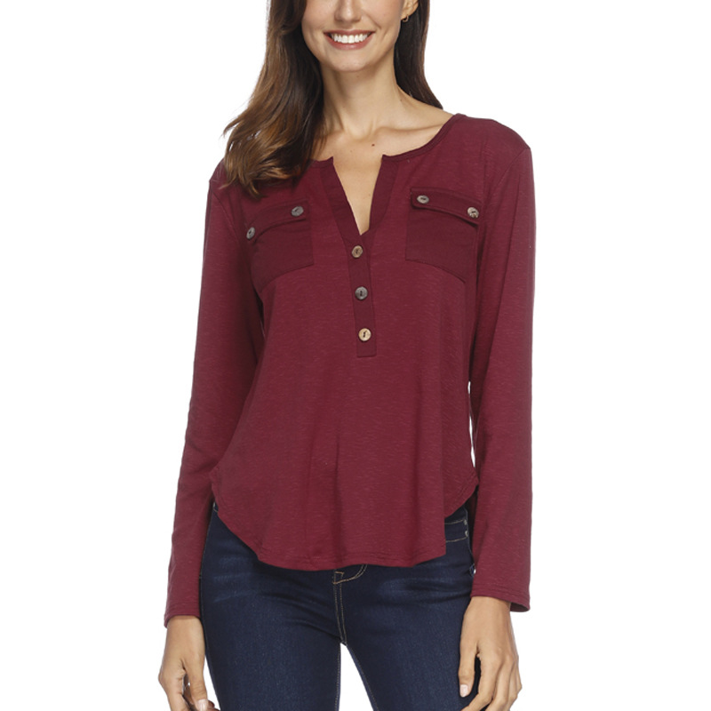 Sexy Deep V Irregular Hem T Shirt Button Pocket Detail Autumn Winter Fashion Top Wholesale Available