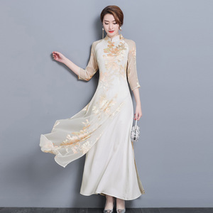 Women Chinese dress Oriental Retro Qipao Cheongsam model show miss etiquette dress print dress female favors cultivate Mr Black Chinese dress skirt