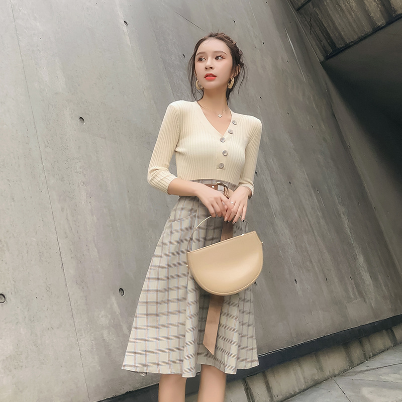 2018秋冬新款女装连衣裙初恋复古中长款针织连衣裙半身裙两件套