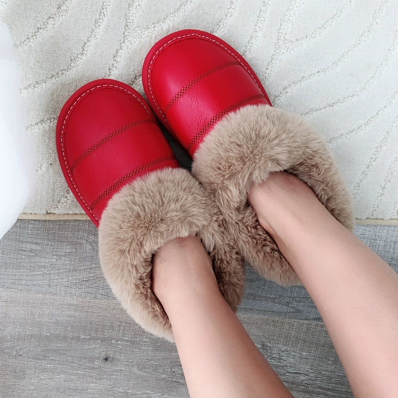 Теплые домашние тапочки из коровьей кожи и хлопка для женщин и мужчин на зиму, полностью закрытые, с толстой резиновой подошвой, нескользящие, утолщенные, парные.