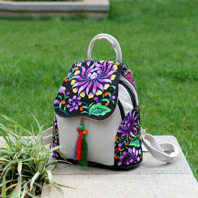 En stock 2023 verano nuevo estilo étnico bolsa de lona de las mujeres floral bordado bolsa casual mochila ventas directas de la fábrica
