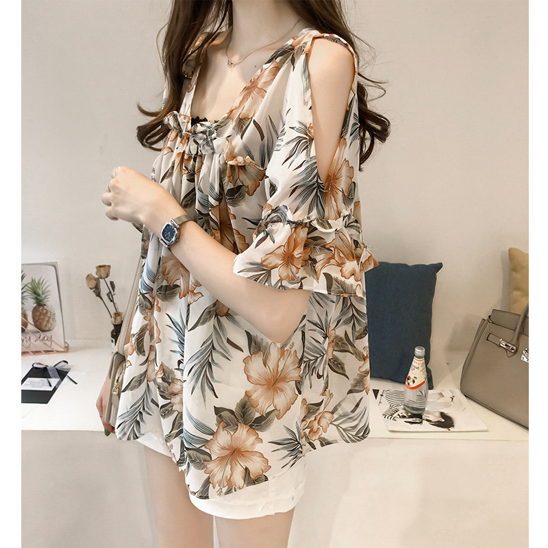 Sweet pagoda sleeve Primer jacket 2018 new pattern printing strapless Chiffon shirt Easy Belly Baby unlined upper garment