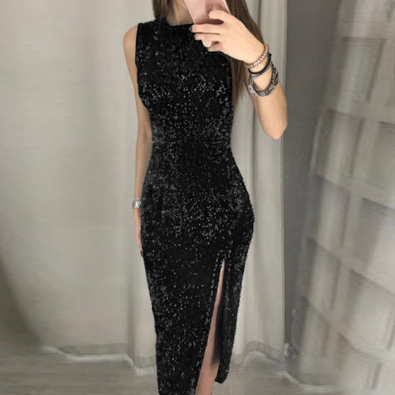 Sleeveless Crew Neck All Over Sequin Midi Dress, Velvet Base High Side Split Asymmetrical Hem Bodycon Cocktail Party Dress 4 Colors_ecoleips.com